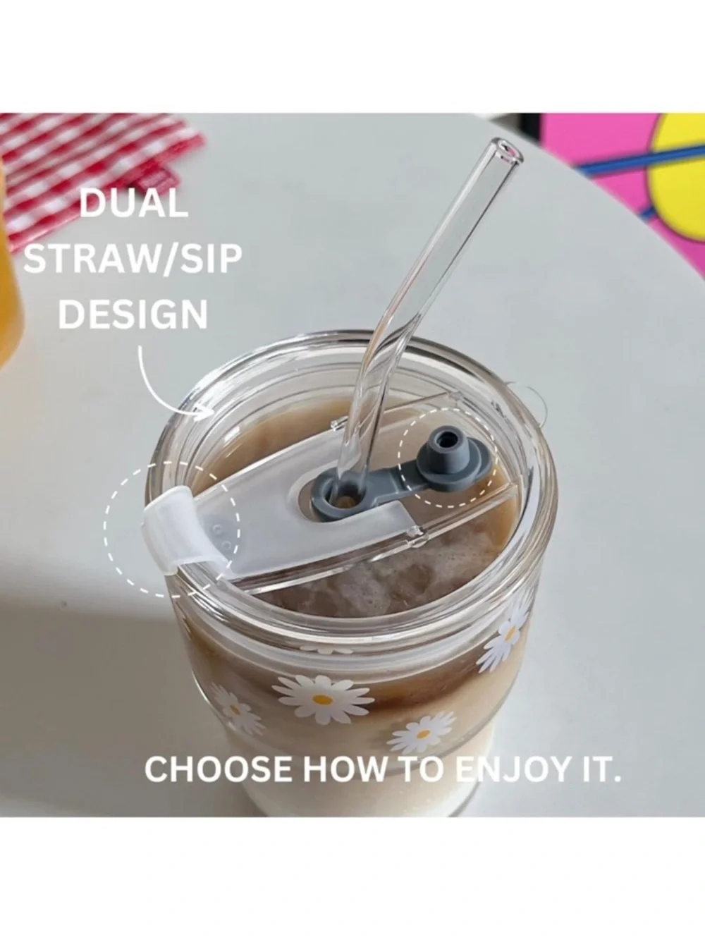 13 oz glass tumbler with straw and lid